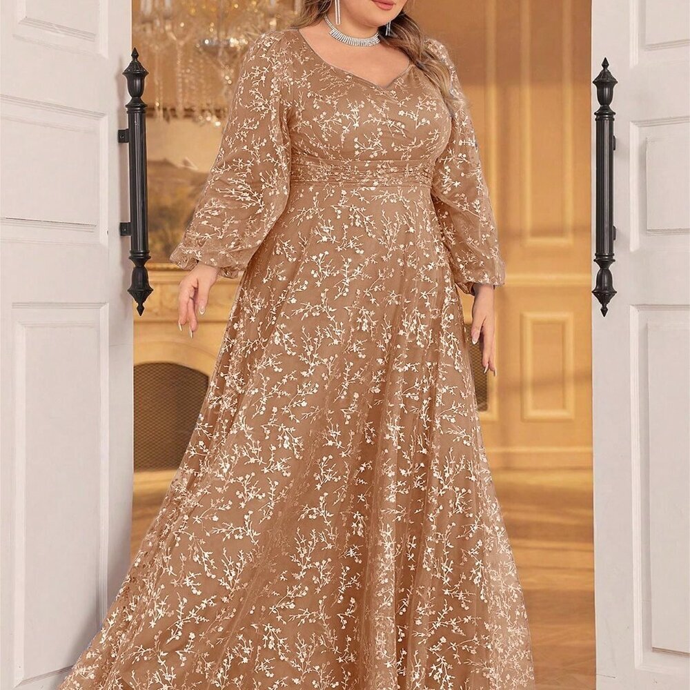 Champagne Preppy Women's Floral Mesh Party Evening Gown - Picture 5 of 7